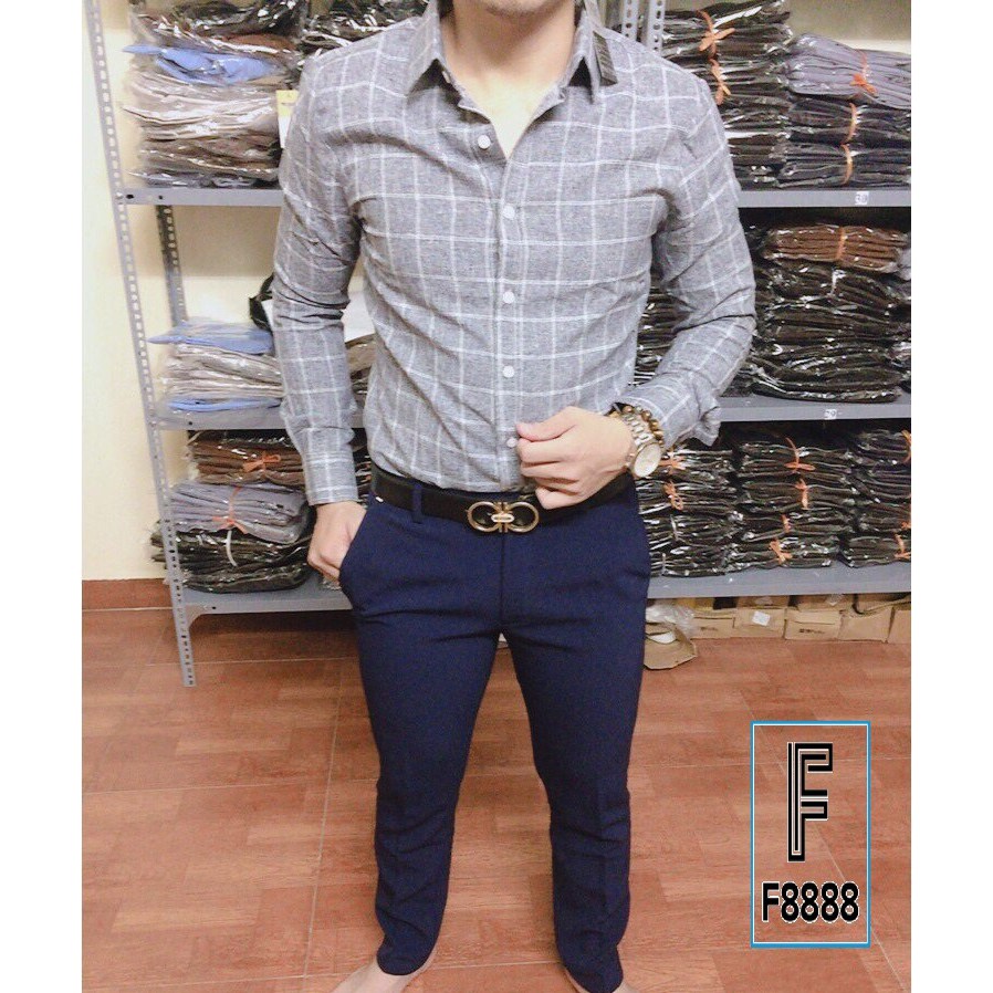 Áo sơ mi nam dài tay áo kiểu hàn quốc loại Kẻ Đũi đẹp F8888
