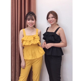 (Xả kho giá gốc) Set đồ nữ áo hai dây bèo nhún và quần ống rộng, chất voan đẹp