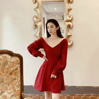 Đầm cổ V tay dài nút bọc 2 màu (kèm hình thật)