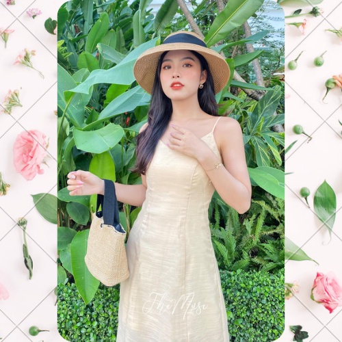 THEMUSE - Váy nữ Đầm nữ 2 dây màu be ánh kim chất liệu tơ xốp cột dây 2 kiểu dáng dài - Ảnh thật độc quyền shop chụp