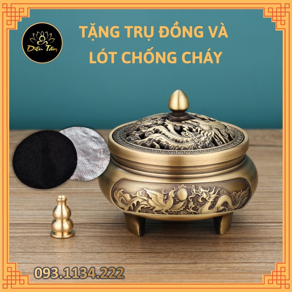 Lư xông trầm hương bằng đồng nguyên chất khắc rồng phượng tặng nhang vòng/ trầm nụ/ trụ cắm