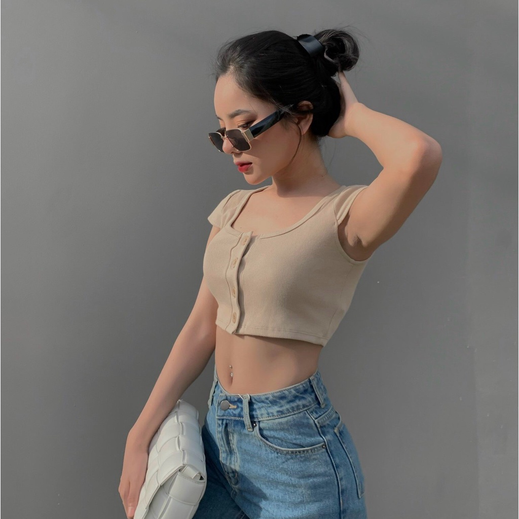 Áo croptop nữ body ngắn tay TOPTIFY thun gân cổ vuông bốn nút Lucy Top AC196