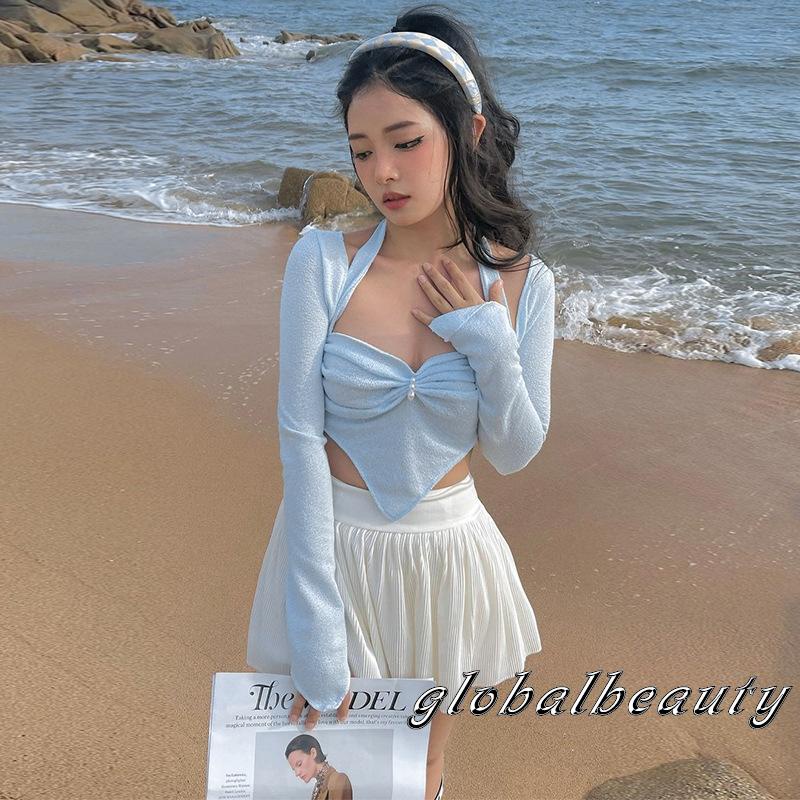 Gb Áo Croptop Không Tay Cổ Khoét Sâu Cột Dây Đính Ngọc Trai Giả Màu Xanh Dương Viền Tam Giác Trang Trí Cho Nữ