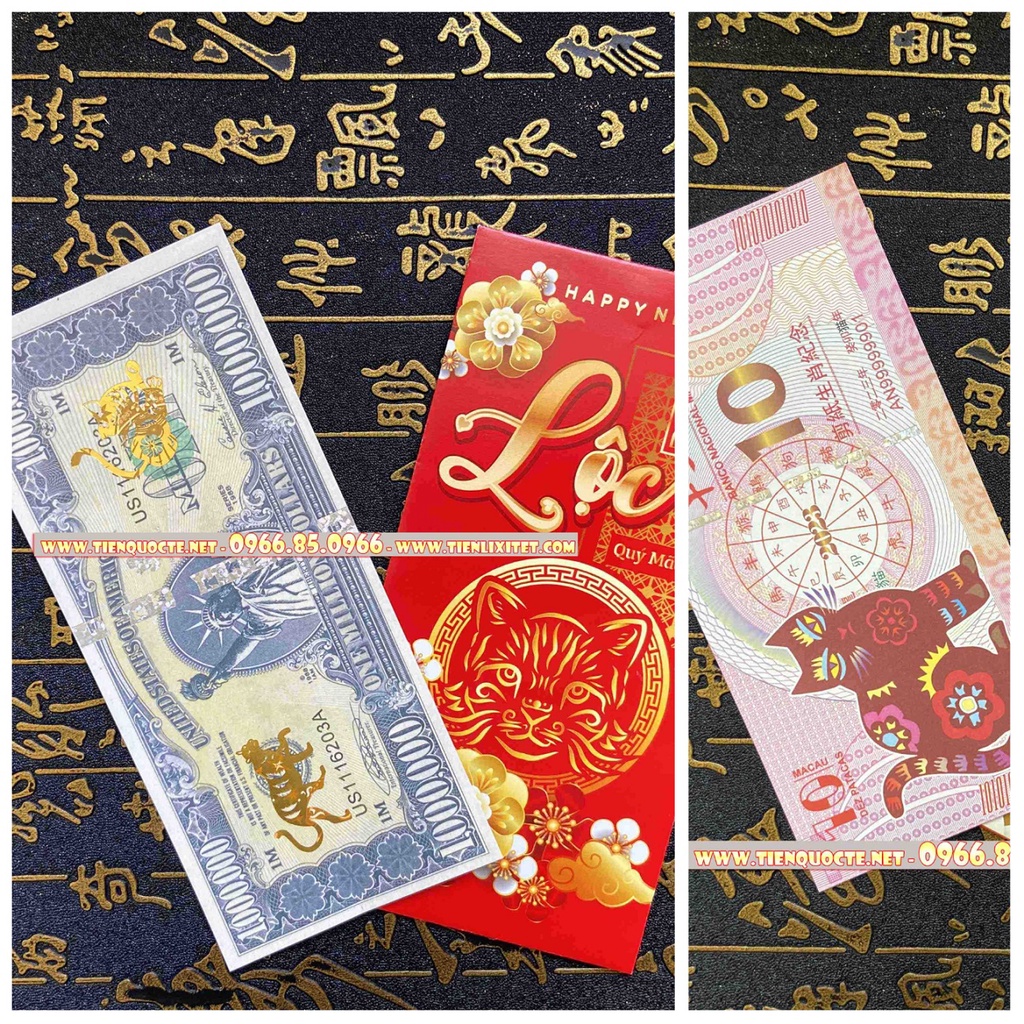 Tiền lì xì tết 2023 Combo 2 tờ tiền con mèo Macao và 1 Triệu USD Lưu niệm tặng kèm bao lì xì Quý Mão