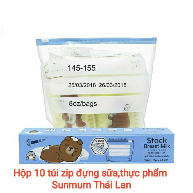 Hộp 10 túi Zip bảo quản túi trữ sữa, bình trữ sữa, thực phẩm SUNMUM (Made in Thailand)