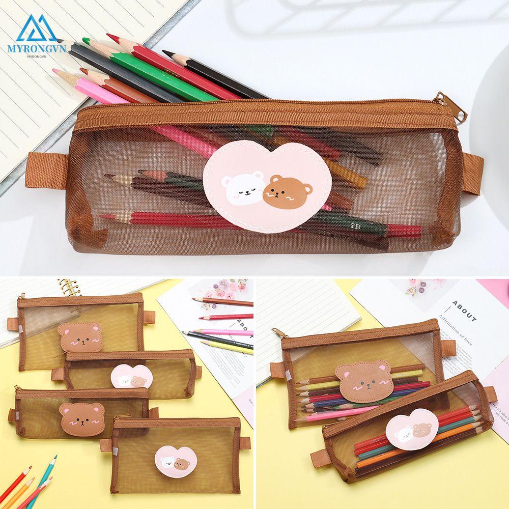 Túi lưới đựng bút trong suốt sức chứa lớn in hình gấu nâu đáng yêu cho học sinh