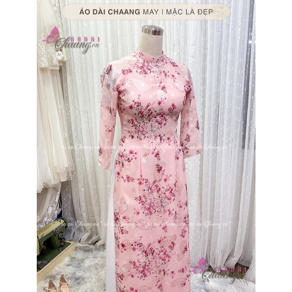Áo dài hoa nhí hồng truyền thống may sẵn áo dài 4 tà lụa đẹp HT021