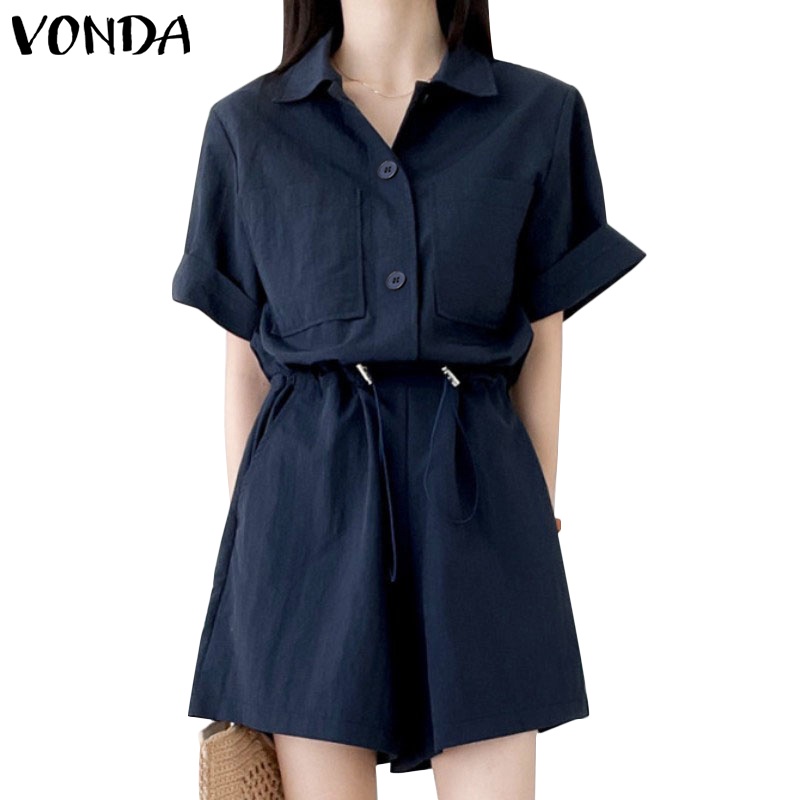 Jumpsuit Vonda tay ngắn có nút phong cách hàn quốc thời trang mùa hè cho nữ