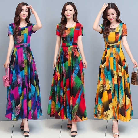 Đầm Dáng Chữ A Tay Ngắn Vải Lụa Mát Cỡ Lớn Thời Trang Xuân Hè Mới Phong Cách Hàn Quốc Cho Nữ