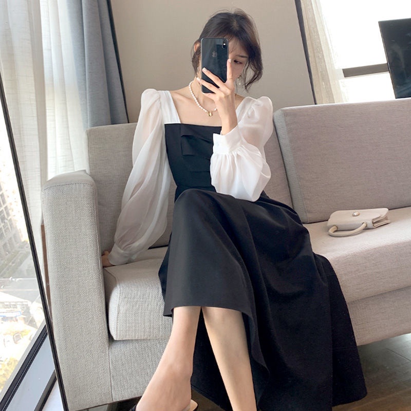 Váy nữ màu đen dự tiệc dáng dài phối tay voan trắng cổ vuông kiểu dáng Hàn Quốc sành điệu cao cấp NYTEHY 8
