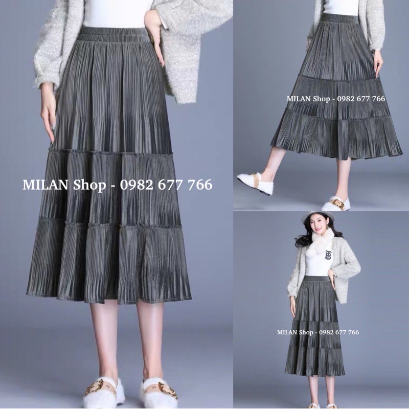 Chân váy nhung xoè dập ly midi 2 chất mới