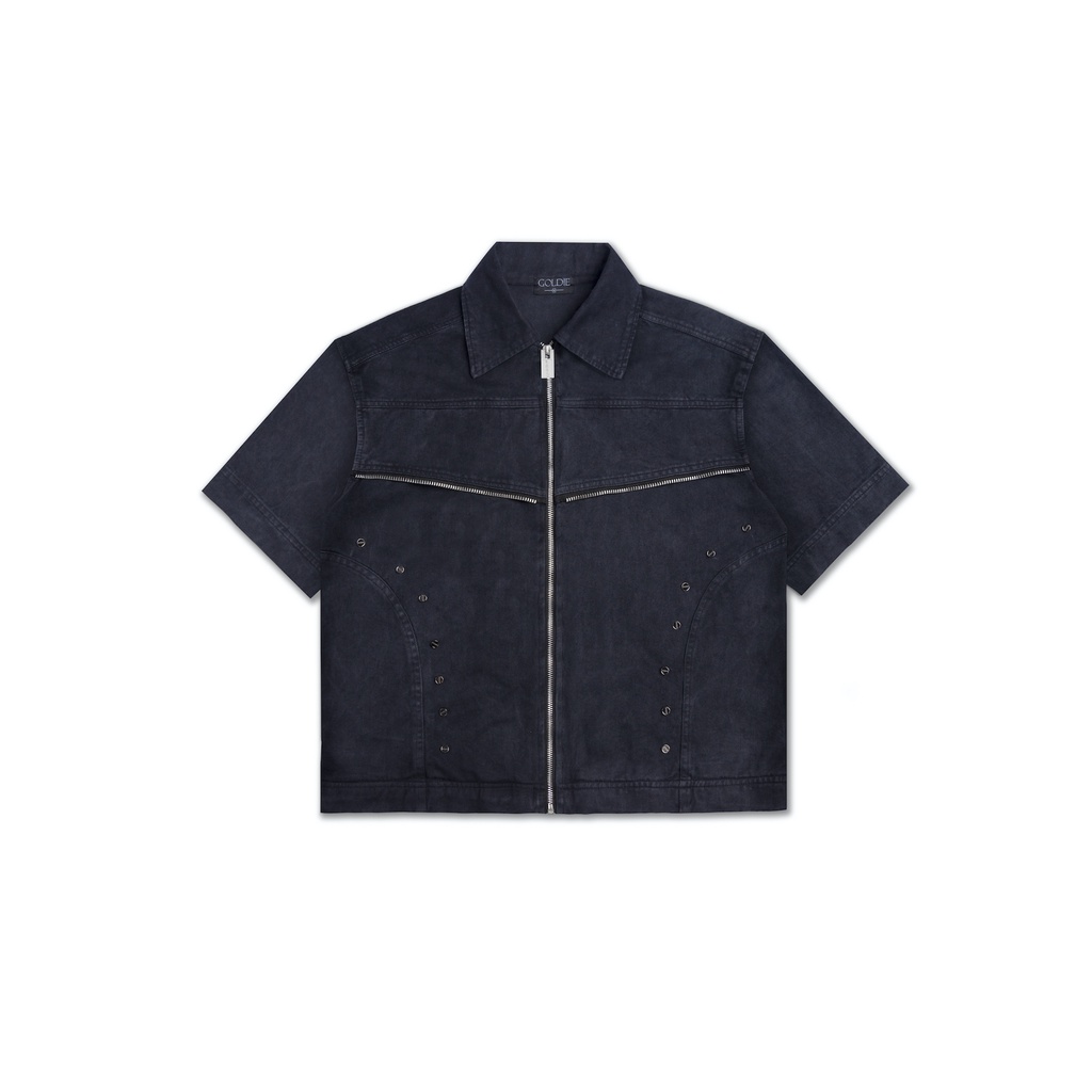 Áo khoác bò 'GOLDIE CROPPED' ngắn tay giặt mài màu xanh navy