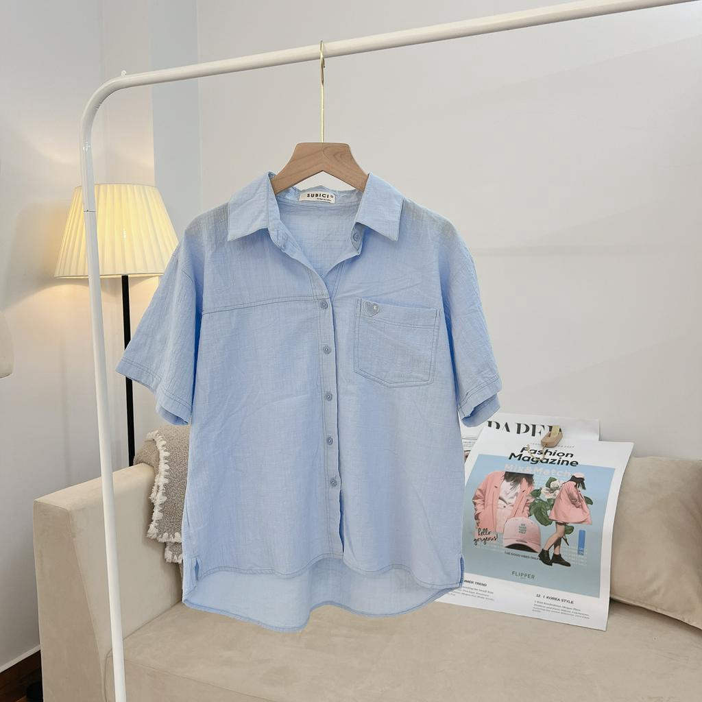 Áo Sơ Mi Nữ Tay Ngắn Nhiều Màu Phong Cách Hàn Quốc Thêu Trái Tim Cực Xinh Chất Liệu Linen Bột Nhẹ Mát SUBICI