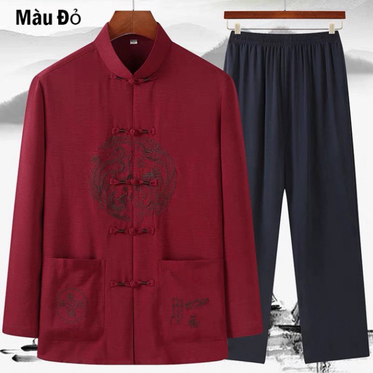 Sét Bộ Nam Trung Niên Dài Tay cổ tàu, Chất Đũi Thái Thoáng Mát Thấm Mồ Hôi, không bai xù