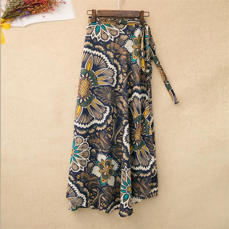 One Chân Váy Chiffon Lưng Cao Xẻ Tà Cột Dây In Họa Tiết Thời Trang Đi Biển