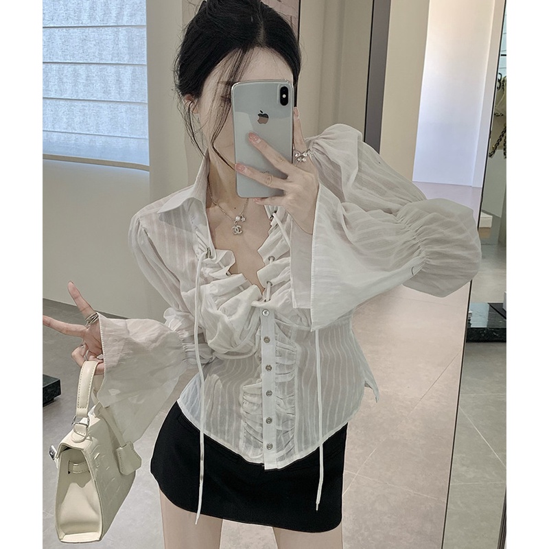 Áo Sơ Mi Tay Dài Cổ Chữ V Phối Dây Rút Thời Trang Dành Cho Nữ