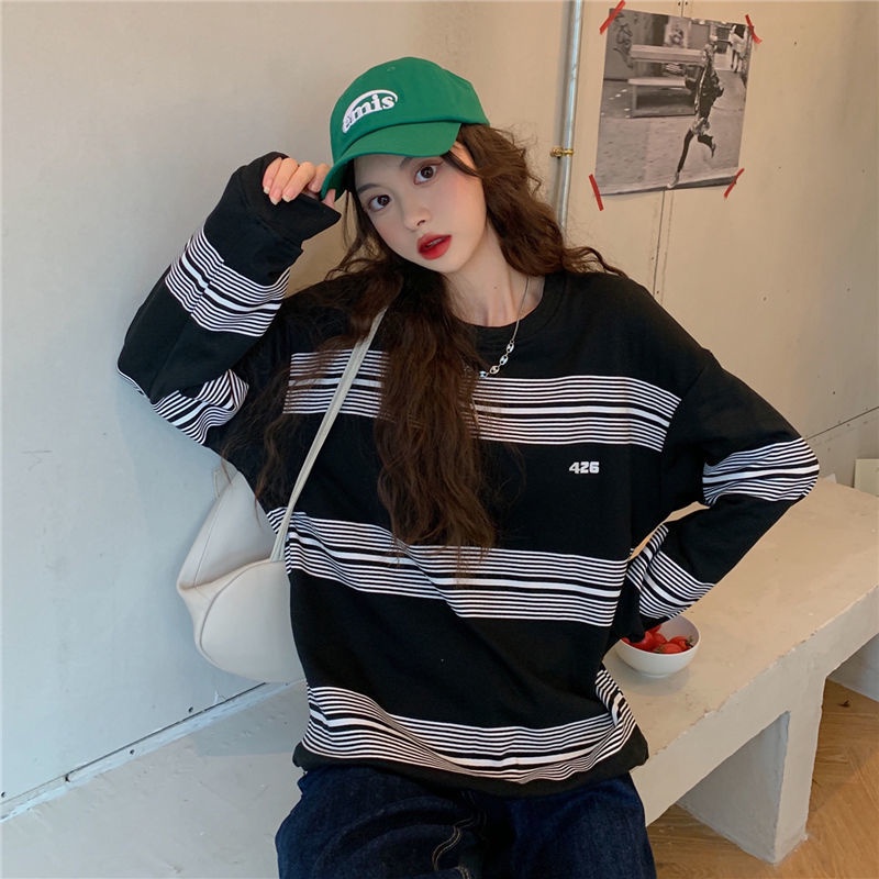 Áo Sweater Mỏng Dáng Rộng Họa Tiết Kẻ Sọc Thời Trang Mùa Thu Mới Cho Nữ