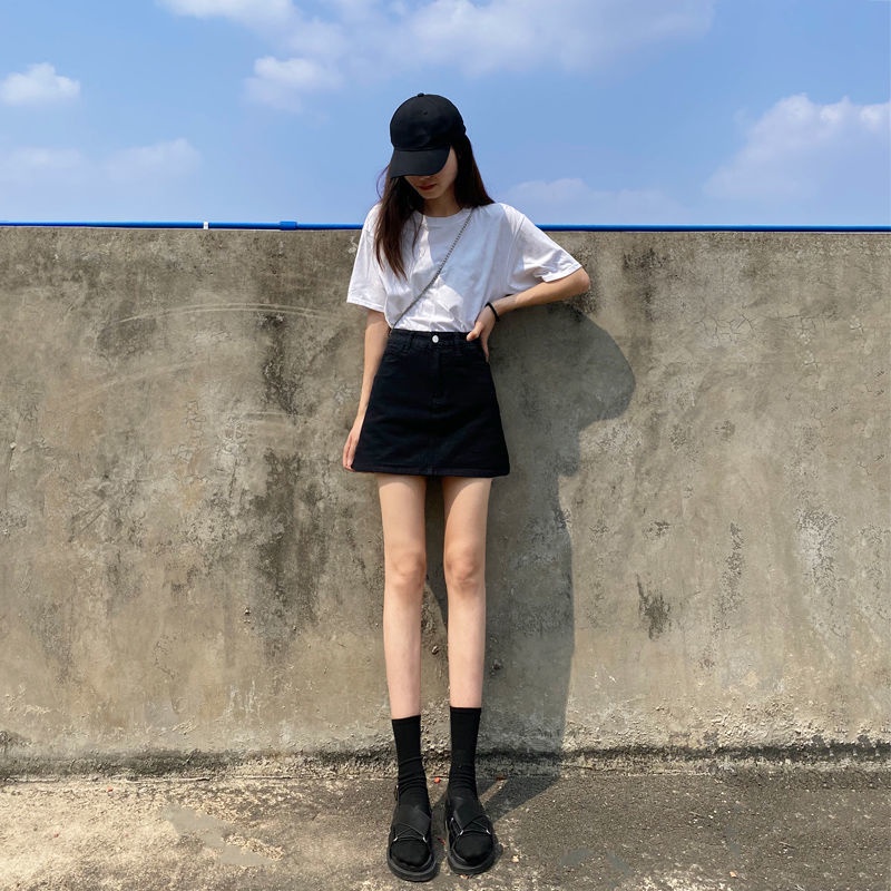 Jiashucheng Chân Váy Denim Đen Lưng Cao Thiết Kế Đơn Giản