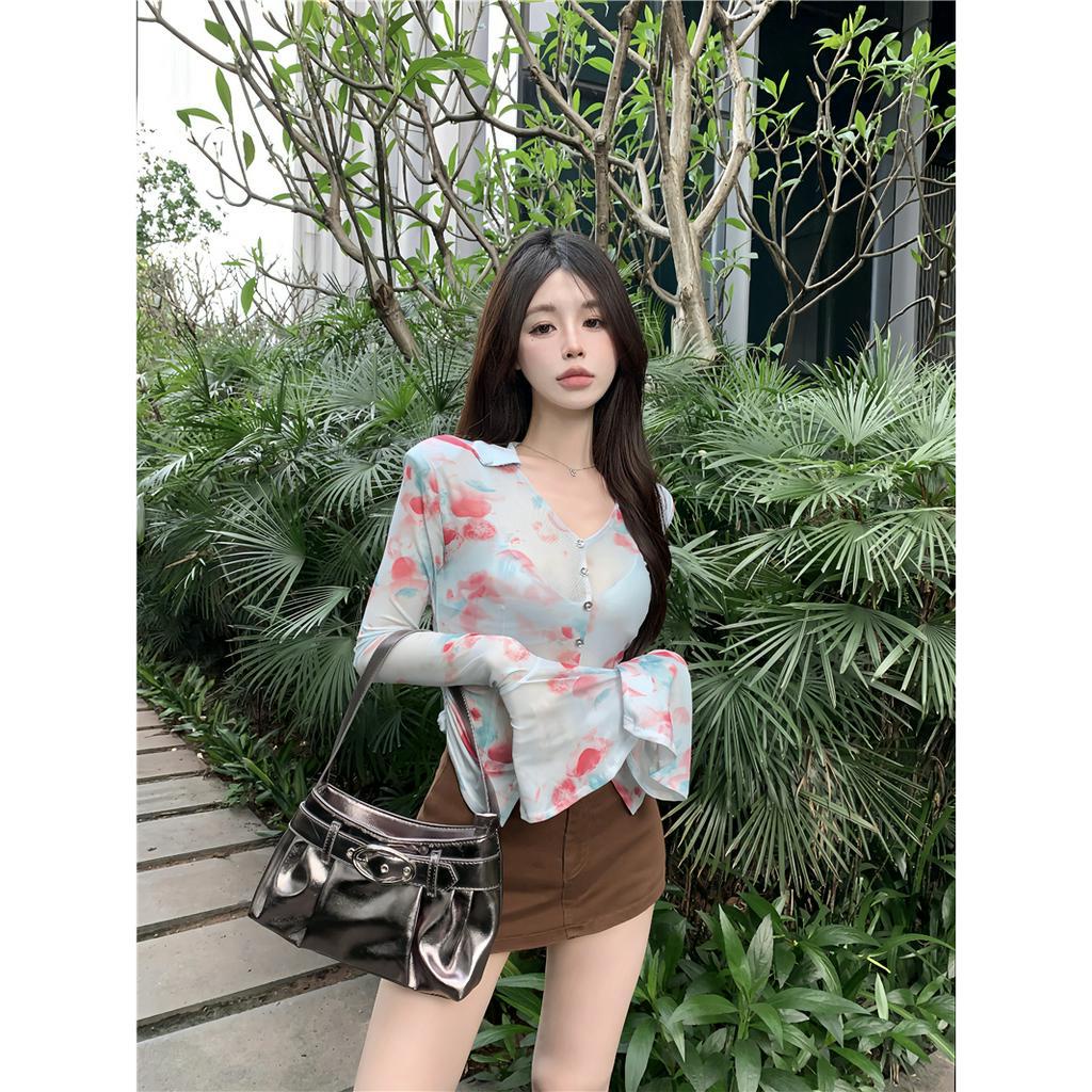 Cocory vn Áo Sơ Mi Tay Dài Phối Lưới Nhiều Màu Sắc Thời Trang Mùa Hè Quyến Rũ Cho Nữ Y2K