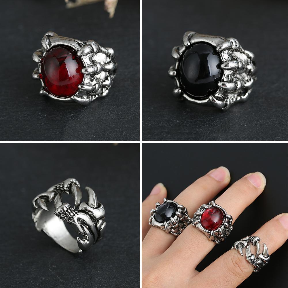 JUNE Nhẫn Nam Hình Móng Vuốt Rồng Đính Đá Đỏ Phong Cách Hip Hop Gothic