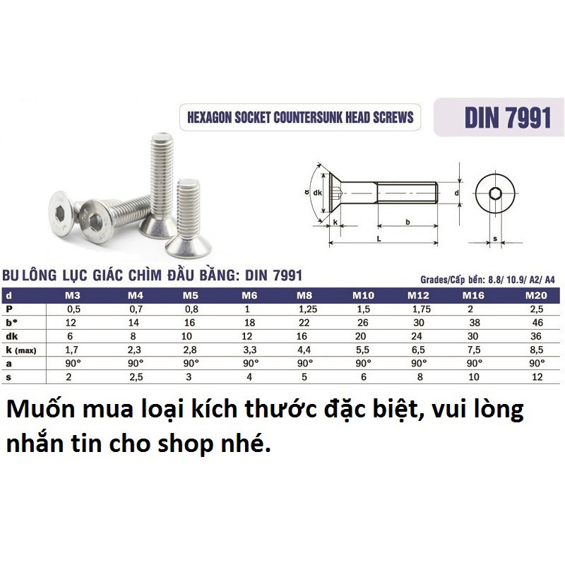 Bu lông M4/M5/M6/M8 lục giác chìm INOX đầu bằng