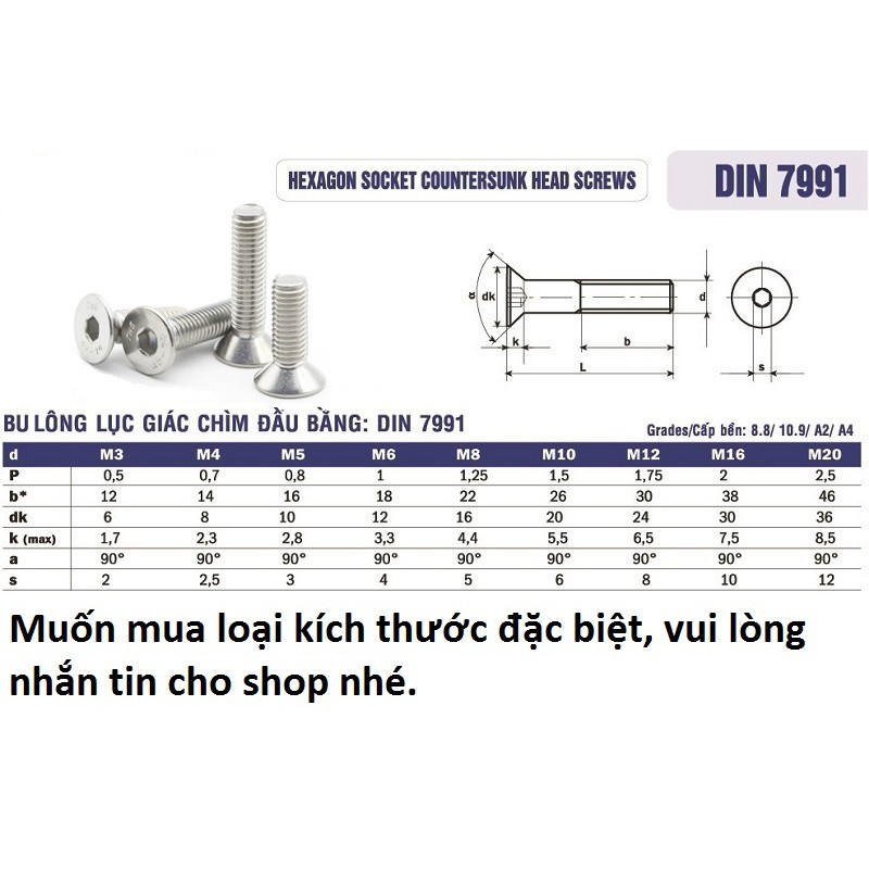 (Combo 10con) Bu lông M6/M8/M10 lục giác chìm đầu bằng THÉP ĐEN