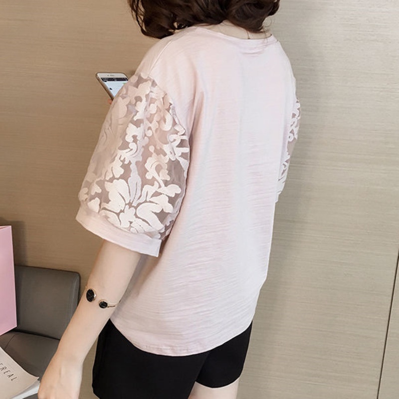 Áo Thun Tay Ngắn Phối Lưới Thời Trang Cho Nữ 164598 Áo Thun Cổ Tròn Dáng Rộng Trẻ Trung Hợp Thời Trang