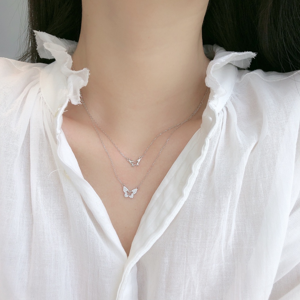 Dây Chuyền Hai Lớp Mặt Hình Bươm Bướm Dát Đá Zircon Thanh Lịch Sang Trọng Hợp Thời Trang Cho Nữ