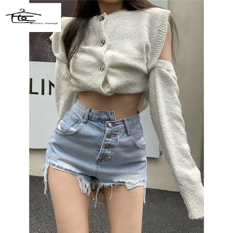 Quần Short Denim Rách Lưng Cao Ống Rộng Thời Trang Mùa Hè Dành Cho Nữ