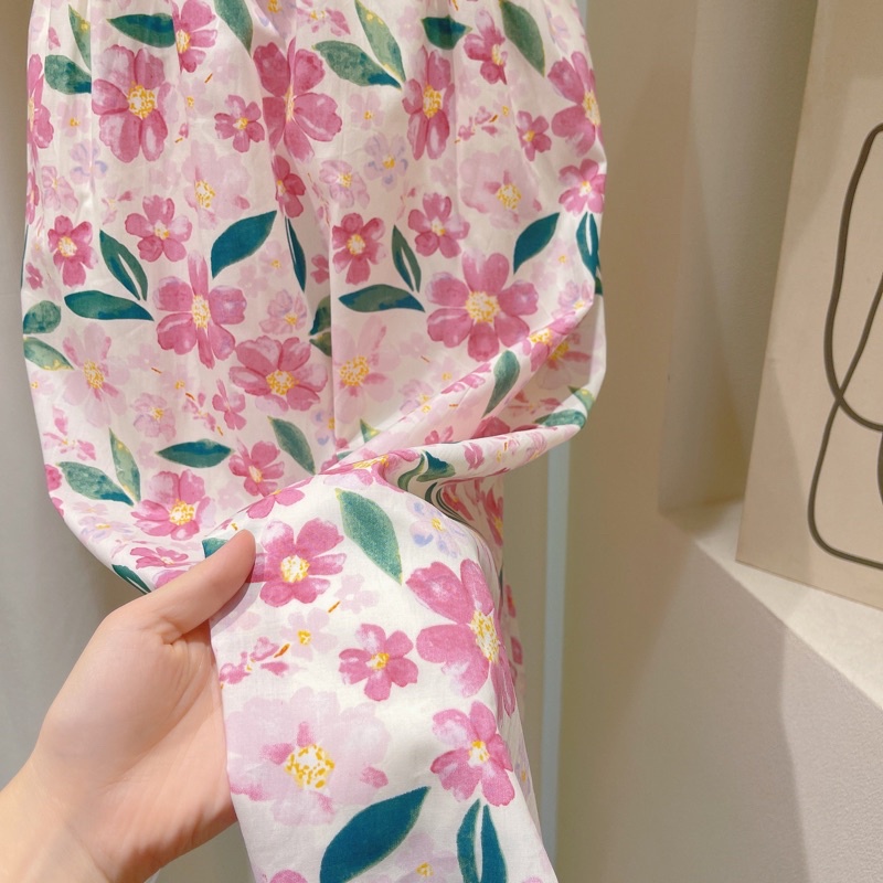 Váy hoa vitage, đầm hoa ulazzang chun eo tay phồng hai màu hồng, tím dễ thương