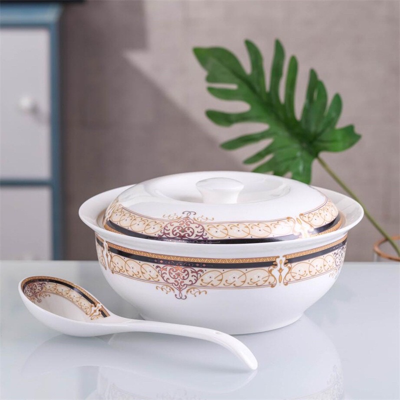 Bộ bát đĩa sứ xương cao cấp họa tiết hoa viền vàng, phong cách hoàng gia, sang trọng & tinh tế