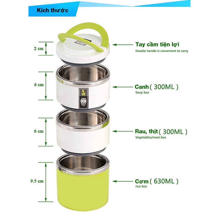 Hộp Đựng Cơm Cặp Lồng Cơm Giữ Nhiệt 3 Tầng Chấm Bi Ruột Inox Chất Lượng Số 1