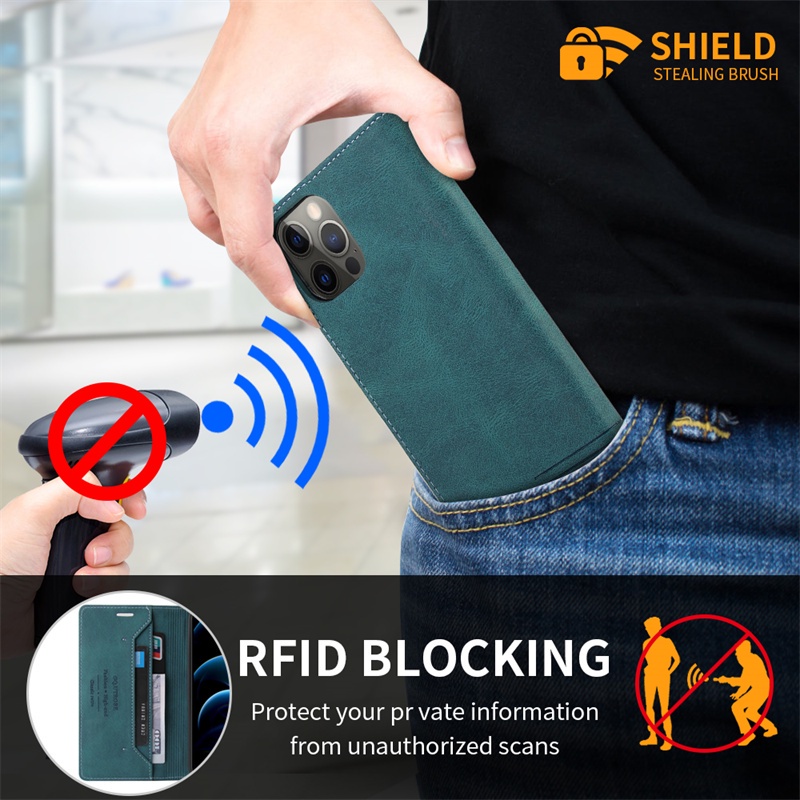 Bao da điện thoại kiểu ví gập đựng thẻ hút nam châm chắn RFID chống trộm dành cho Samsung S21 S20 FE S10 S9 Plus Ultra