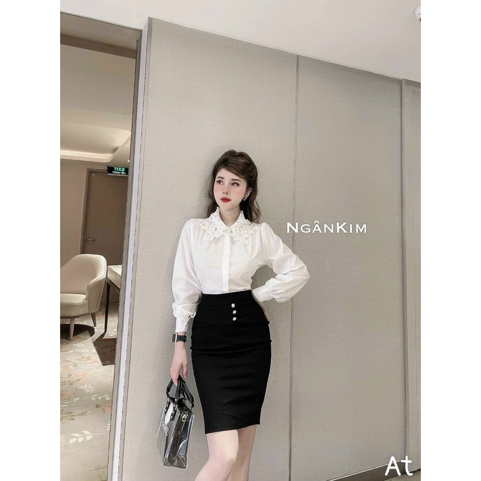 Áo Sơ Mi Nữ Dài Tay Cổ Ren Đính Ngọc, Áo Somi Tiểu Thư Màu Trắng Cổ Ren Siêu XInh