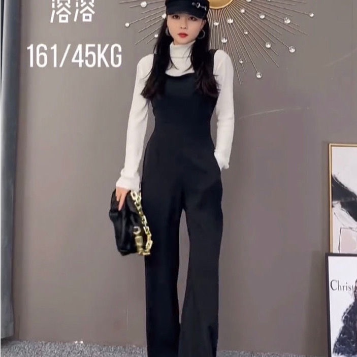 Jumpsuit Hai Dây Màu Đen Dáng Ôm Thời Trang Xuân Thu Cho Nữ