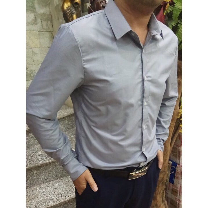 Áo sơ mi nam dài tay màu xám mẫu mới hot nhất vải cotton lụa trơn mát chống nhăn