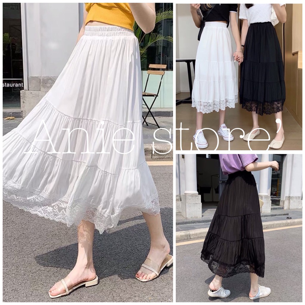 Chân Váy Nữ Viền Ren 🦋 Váy Nữ Vintage Phối Viền Dáng Dài Cạp Chun 2 Màu 🦋