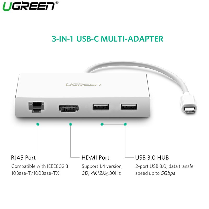Cáp USB Type C To HDMI, Lan, Hub USB 3.0 Ugreen 40377