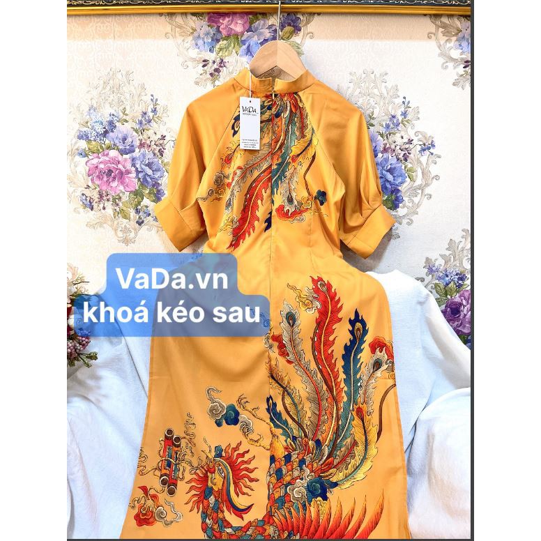 Set áo dài kèm quần vải lụa tuyết in 3D họa tiết phượng hoàng cao cấp, thời trang tết sang trọng VADA - AD39
