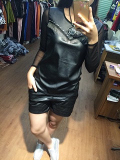 Áo da phối ren 