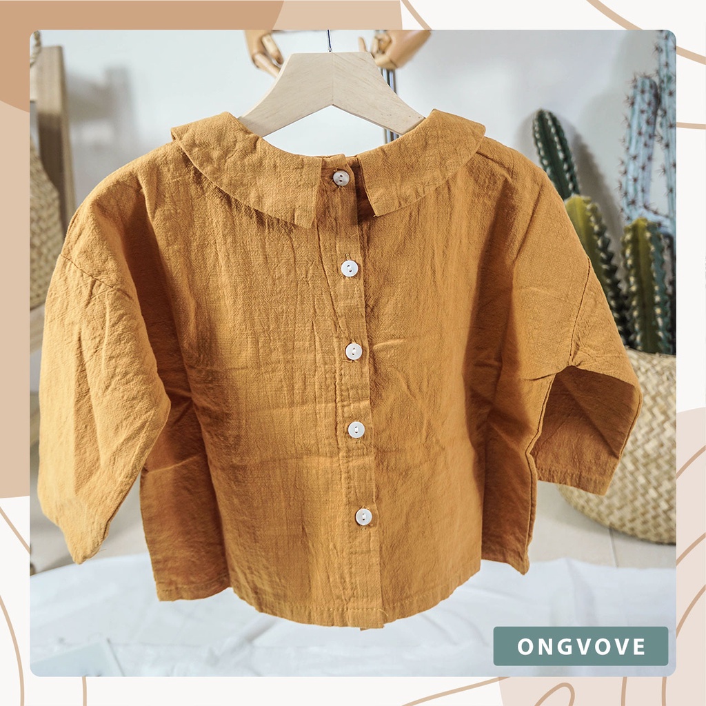 Áo tay dày linen cho bé gái, cổ tròn khuy cúc sau điệu đà, màu vintage xinh yêu 739