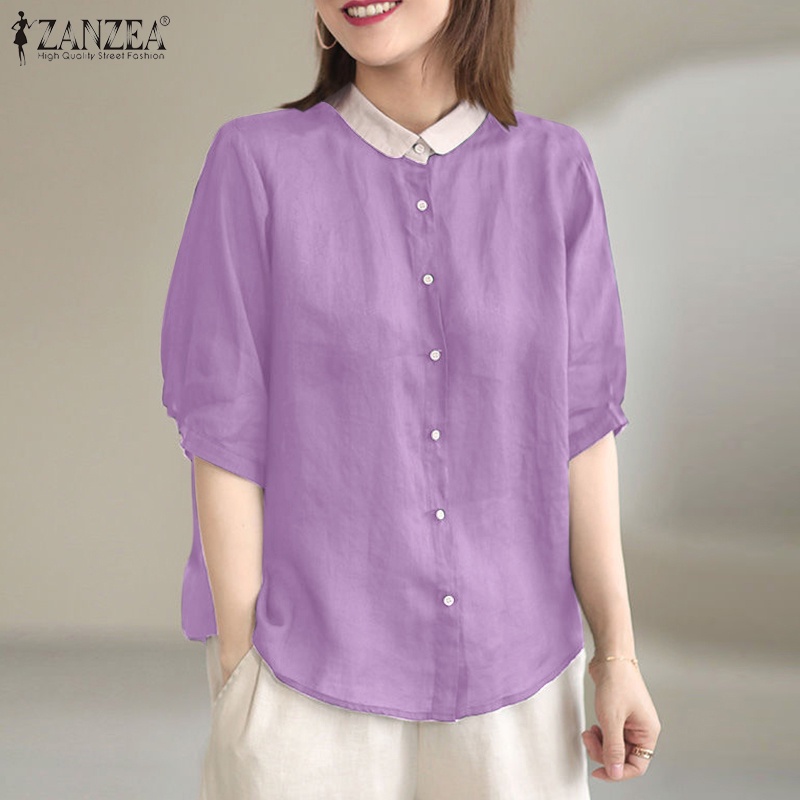 Áo sơ mi ZANZEA tay ngắn dáng rộng phong cách Hàn Quốc thời trang dành cho nữ