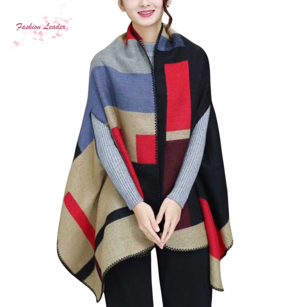 ✽FL✽Women Faux Cashmere Scarf Poncho Cape Wrap Patchwork Plaid S | BigBuy360 - bigbuy360.vn