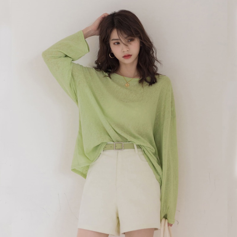 Áo Thun Dệt Kim Mỏng Tay Dài Dáng Rộng Màu Trơn Phong Cách Hàn Quốc Thời Trang 2022 Dễ Phối Đồ