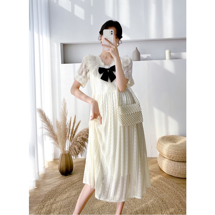 Váy đầm bầu cổ bèo nơ ren thiết kế công sở, dự tiệc cho mẹ bầu phong cách hàn quốc sang trọng, thanh lịch mới mùa hè