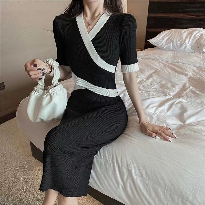 Đầm dệt kim SUXI cổ chữ V tay ngắn màu sắc đơn giản thời trang mùa hè dành cho nữ