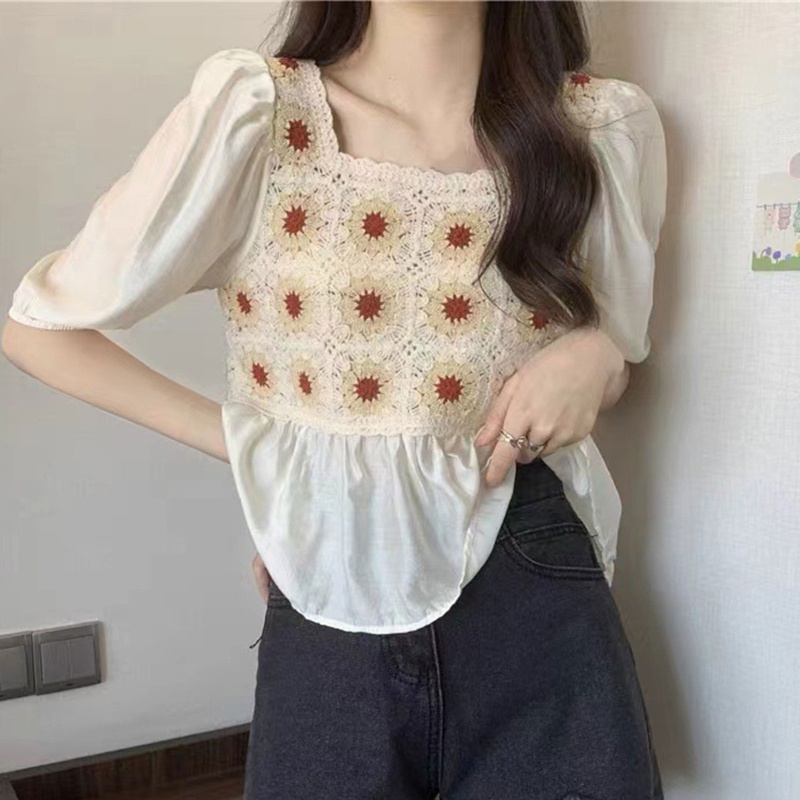 Brroa Áo Croptop Tay Phồng Ngắn In Họa Tiết Hoa Viền Bèo Thời Trang Cho Nữ