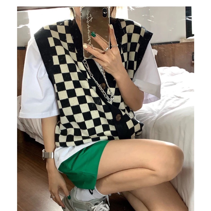 Áo gile len nữ kẻ caro cổ V dáng rộng phong cách ulzzang Hàn Quốc G3 | BigBuy360 - bigbuy360.vn