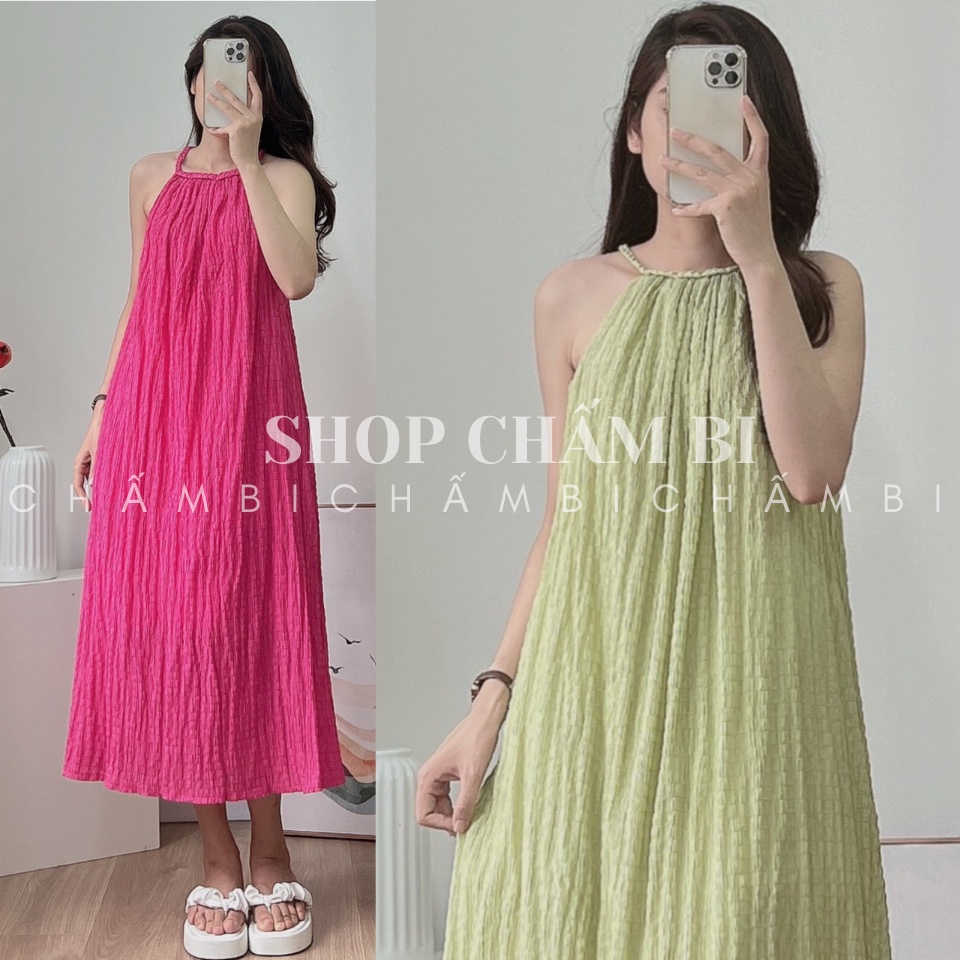 Váy kiểu nữ đi biển V.115, Váy maxi xốp cổ yếm vặn thừng dáng xuông 4 màu ngọt ngào - Thời trang nữ Chấm Bi | BigBuy360 - bigbuy360.vn