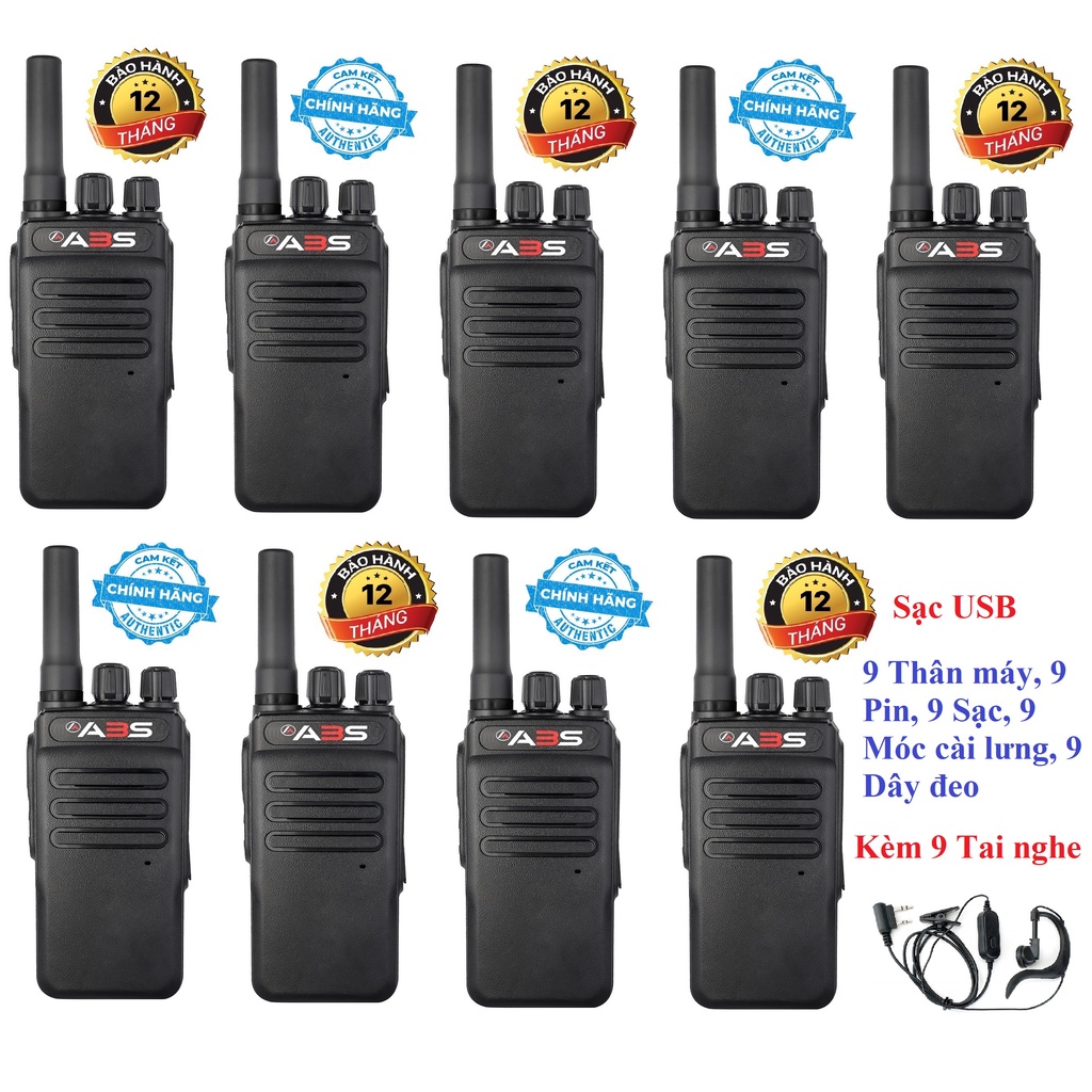 Bộ 9 Bộ đàm chính hãng ABS AB3000 (Loa chống từ tính Siêu To& Bền, Pin dung lượng lớn sử dụng trên 15 tiếng, Sạc USB)